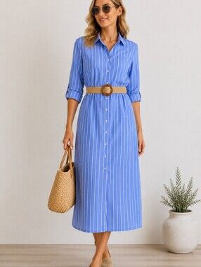 Zara Blue Striped Shirt Dress with Original Woven Belt – Size L